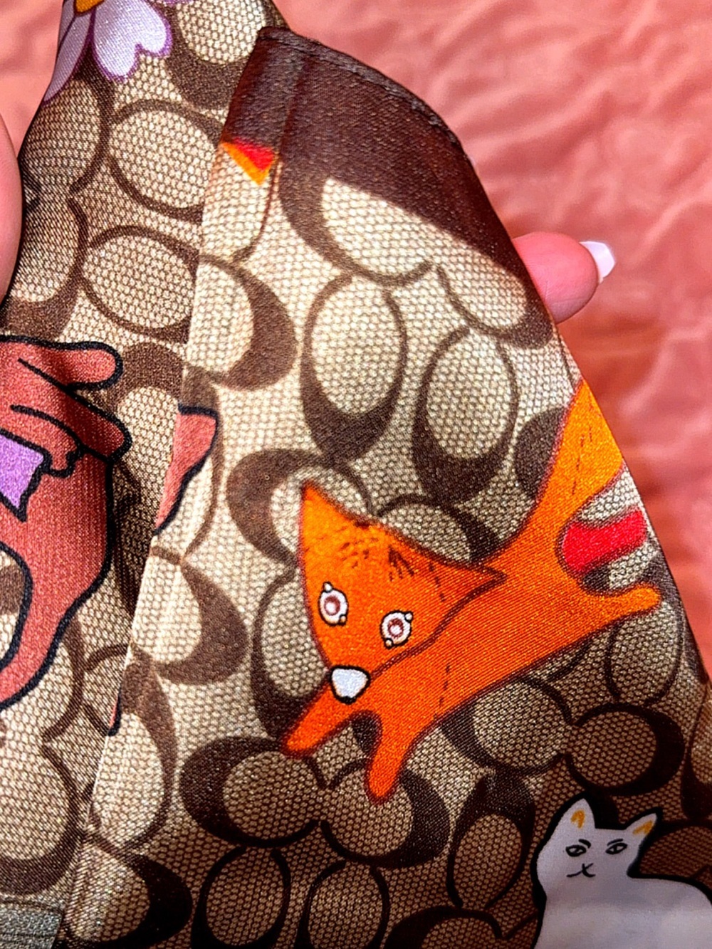 Brown Patterned Silk-Feel Headscarf with Orange Accents - Picture 11 of 11